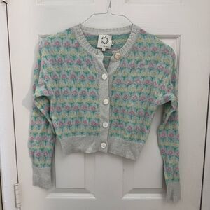 Lili Sidonio Floral Print Cardigan Cropped Size Small Cream Pink Green Girly